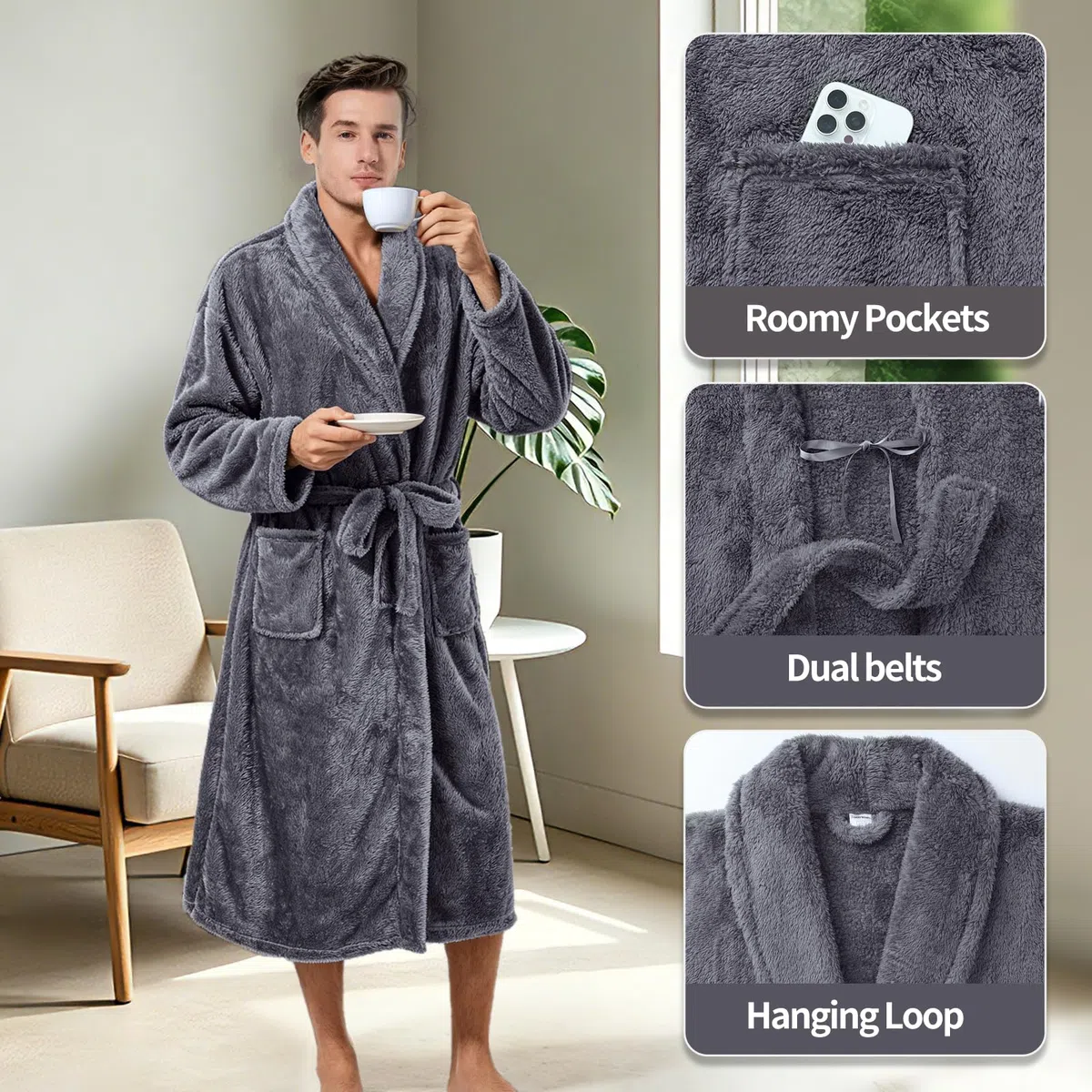 Inner Wish Bata de baño de forro polar de felpa para hombre, acogedora y cálida, bata larga de spa con bolsillos (gris oscuro)