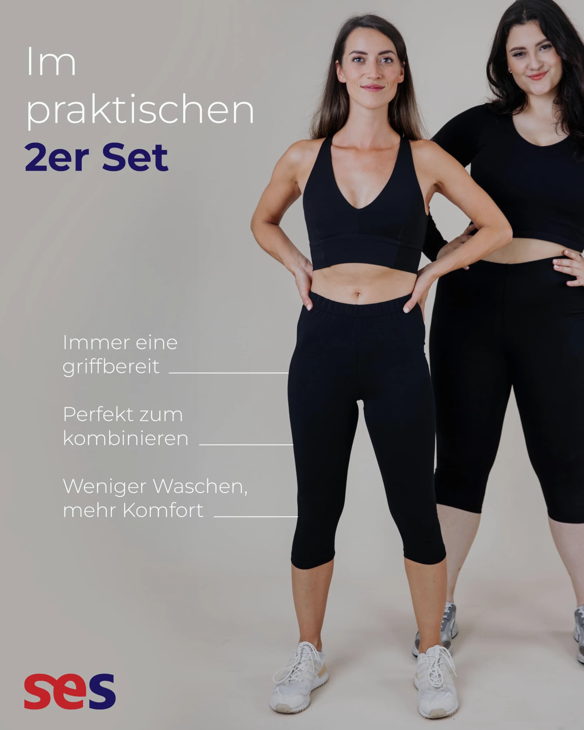 Ströbele SES Capri - Leggings pirata para mujer (2 unidades, algodón), color negro Negro