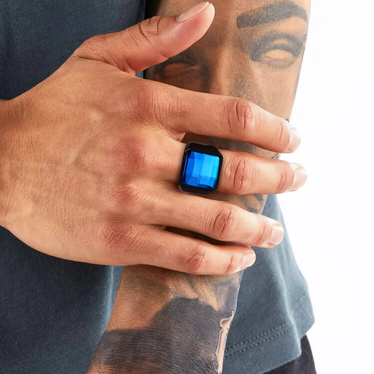 Bestyle Anillo Hombre Grande Anillos de Sello Cuadrado 15mm Ancho Anillo con Piedra Negro/Azul Anillos Acero Inoxidable Personalizados Anillos Hombre Tamaño 14.5-32.5