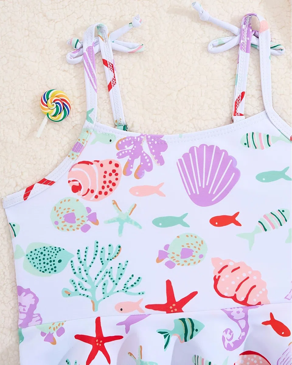 DivingBirds Traje de baño para niñas, traje de baño de dos piezas con pantalones cortos, protección solar UV, dobladillo con volantes, traje de baño de 2 a 6 años