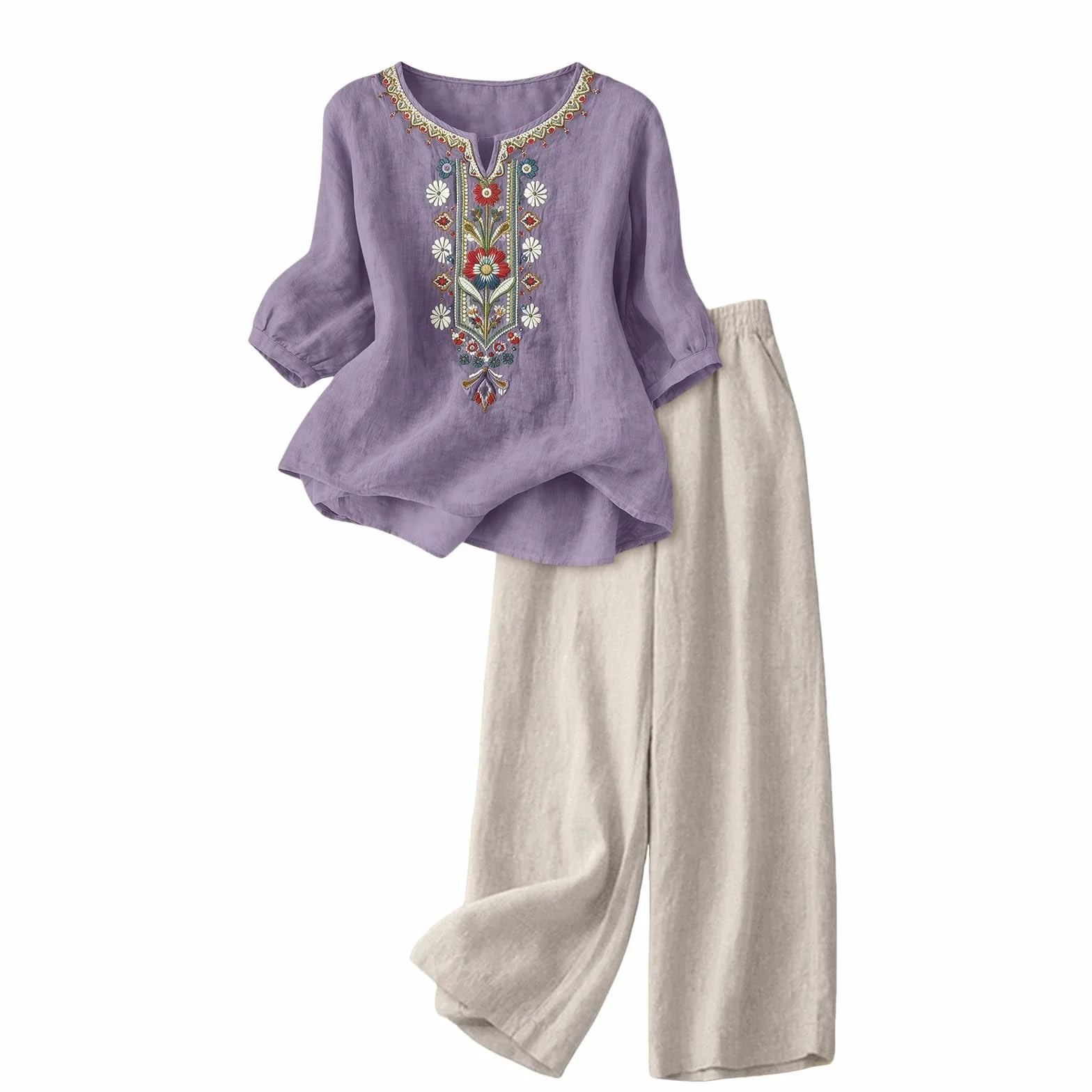 Conjunto Mujer Verano 2 Piezas Original Moda Algodon y Lino Traje de Primavera Ligero Chándal Blusa Manga 3/4 Pantalones Ropa de Playa Vacaciones Deportivo Casa Trabajo M-3XL