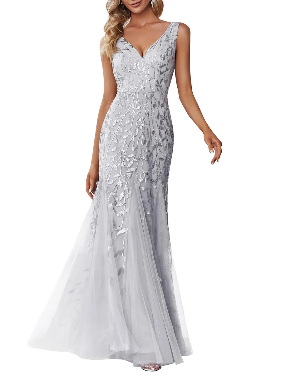 Ever-Pretty a Sirena Tul Vestido de Noche Cuello en V sin Respaldo para Mujer Plateado 52