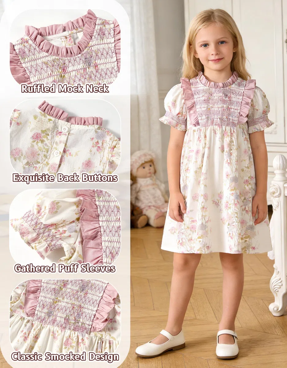 Miipat Vestidos de Algodón para Niñas, Vintage Vestidos Estampado Floral Fruncidos de Verano Mangas Abullonadas y Cuello Peter Pan Vestido Casuales para Niños