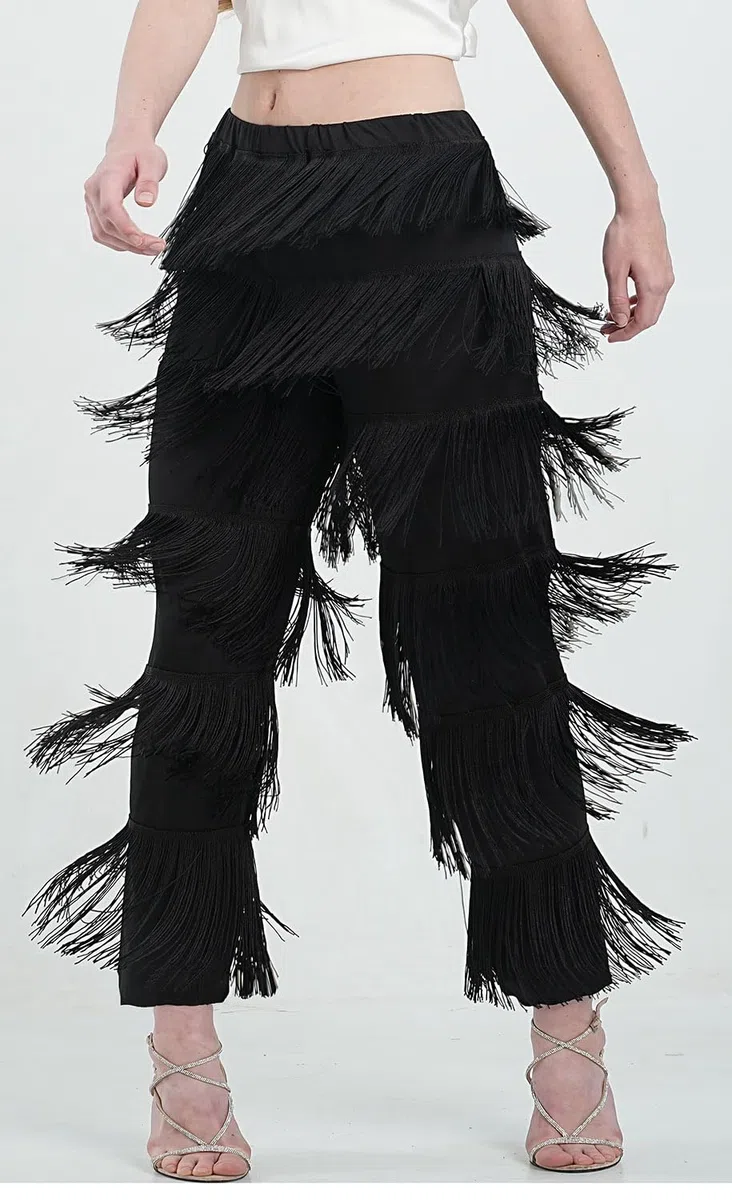 ZBH1985 Pantalones de Baile Latino para Mujer, con borlas, para Baile de salón, Profesional, Negro, con Flecos, Rumba, Tango, Salsa, Pantalones de práctica