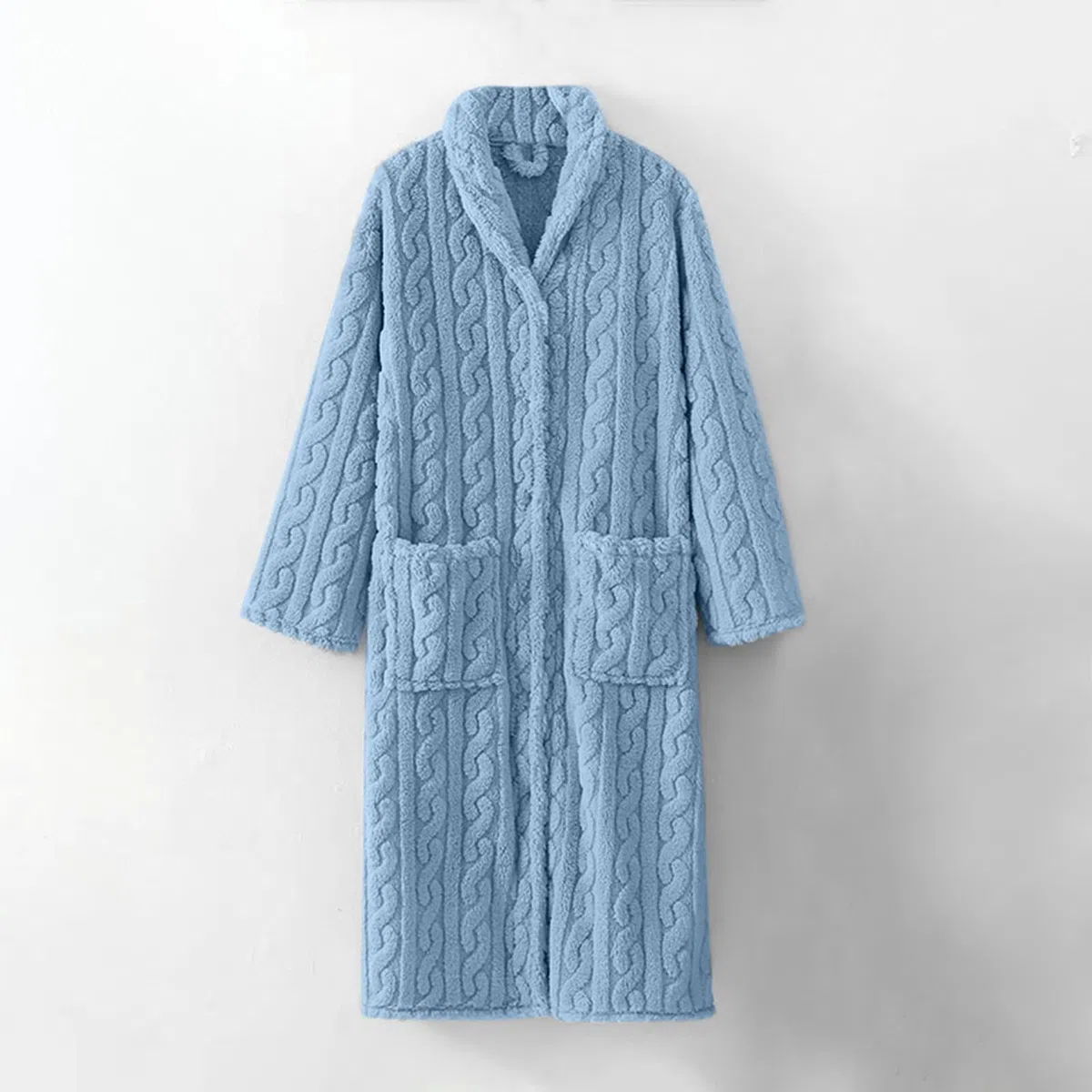 Generisch Bata de casa para mujer, cálida, bata larga de forro polar, bata monocolor, bata de casa de franela con botones, camiseta gruesa y cálida, con bolsillos, albornoces