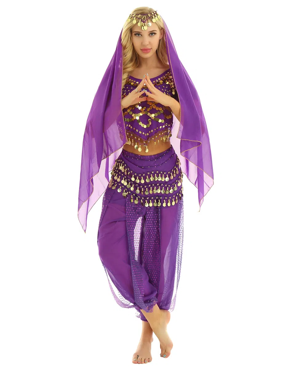 inhzoy Vestido Danza del Vientre para Mujer Disfraz de Princesa Árabe Traje de Baile India Lentejuelas Conjunto de Danza Oriental 4Pcs para Fiesta Actuación