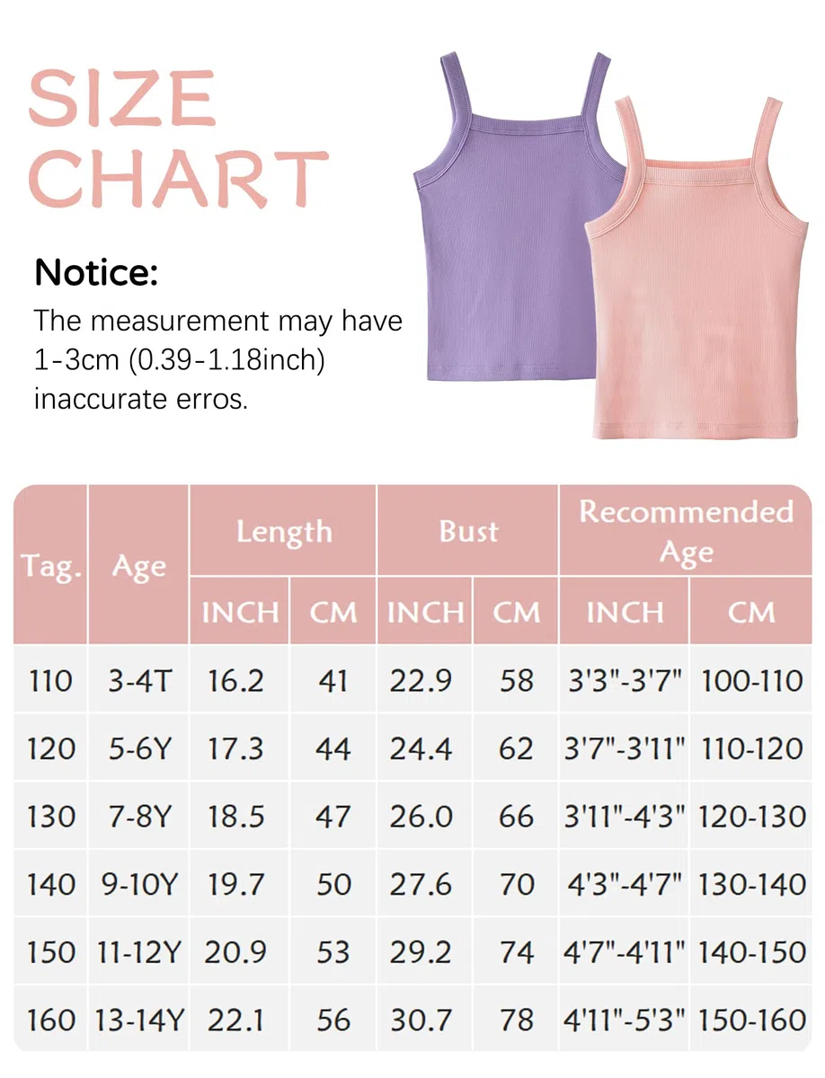 SEAUR Camiseta de tirantes para niña, tirantes delgados, camiseta interior de verano, monocolor, sin mangas, parte superior acanalada, 2 unidades, 3-14 años, 110-160 cm