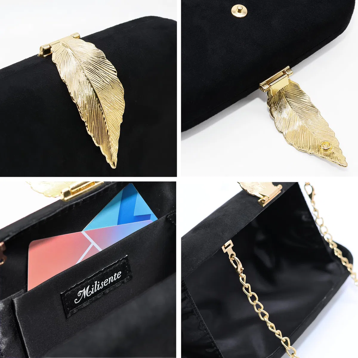 Bolsa de Cadena Mujer Elegante Clutch de Cadena Para Terciopelo con Bolso de Boda de Hebilla (Negro)