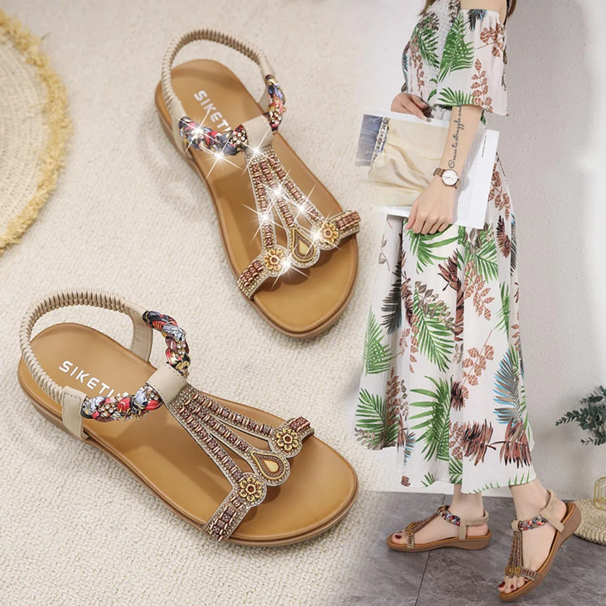 Meik Mangni Mujer Sandalias Planas Verano Bohemio Sandalias de Playa Punta Abierta Clip Toe Pisos Cómodo Casual Zapatos 36-42 EU