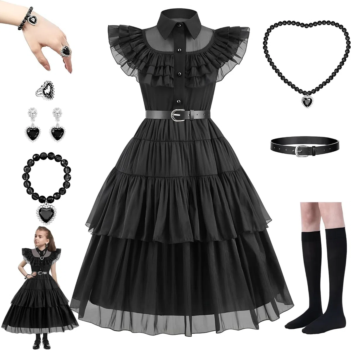 MeYuxg Disfraz de Miércoles para Niñas, Disfraz Miercoles de Carnaval para Niñas, Vestido Addans de Miércoles, Vestido Gótico de Lolita para Niñas, Disfraz Miércoles para Cosplay, Halloween