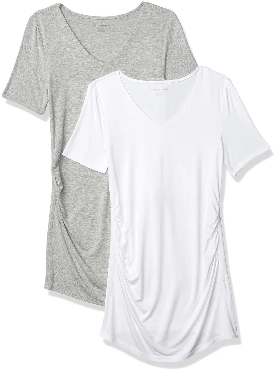 Amazon Essentials Camiseta de Cuello en v Fruncida de Manga Corta de Maternidad Mujer, Pack de 2