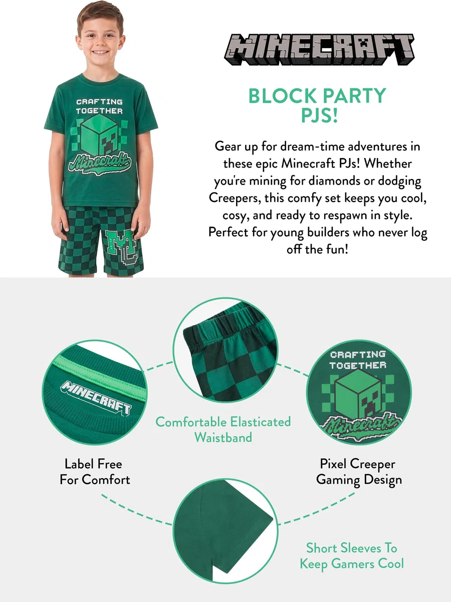 Minecraft Pijama Niños, Conjunto Niño Verano Creeper, Pijama Niño Manga Corta