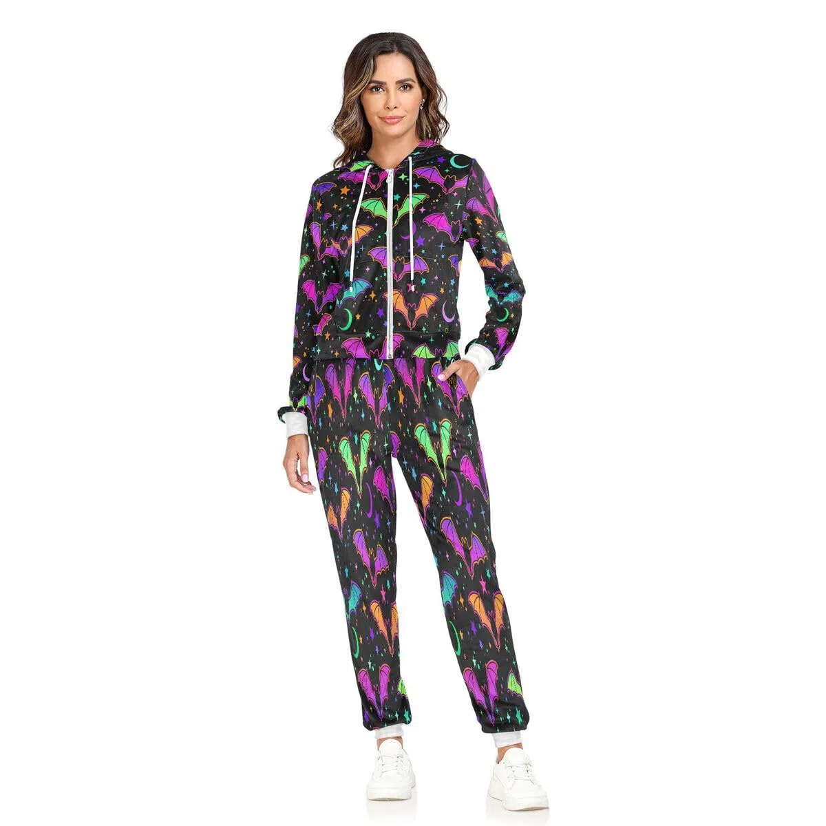 Conjunto deportivo de 2 piezas para mujer, diseño de murciélagos brillantes, multicolor, manga larga, para Halloween