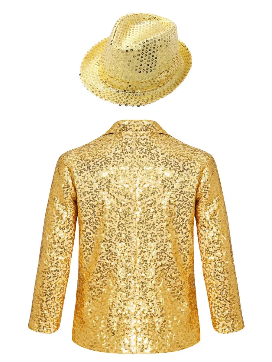 Runhomal - Chaqueta de lentejuelas para niño, manga larga y sombrero de baile moderno, Jazz Hip Hop Lentejuelas, traje de boda, cóctel ceremonia espectáculo