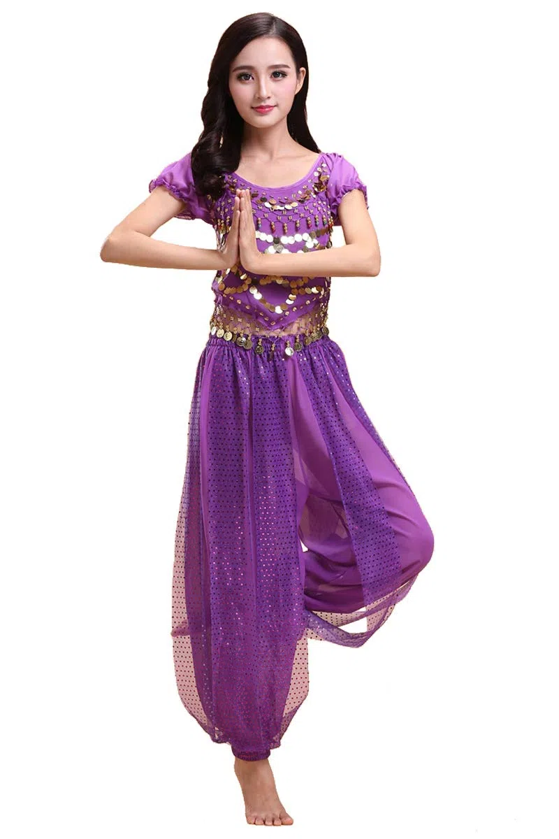 Bollywood Indian Princess Theme Belly Dance 2-Piece Costume Set Outfit for Women Girls with top and Pants (150-169cm, 30-60kg)