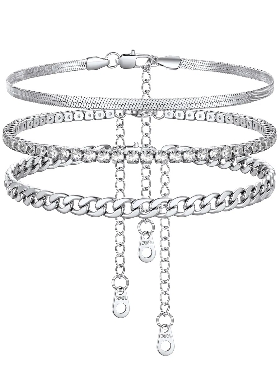 FindChic Tobillera Pulsera Mujer de Acero Inoxidable con Circonitas Blancos/Negros multicadena de pie para verano y playa,ajustable 18/22+5cm