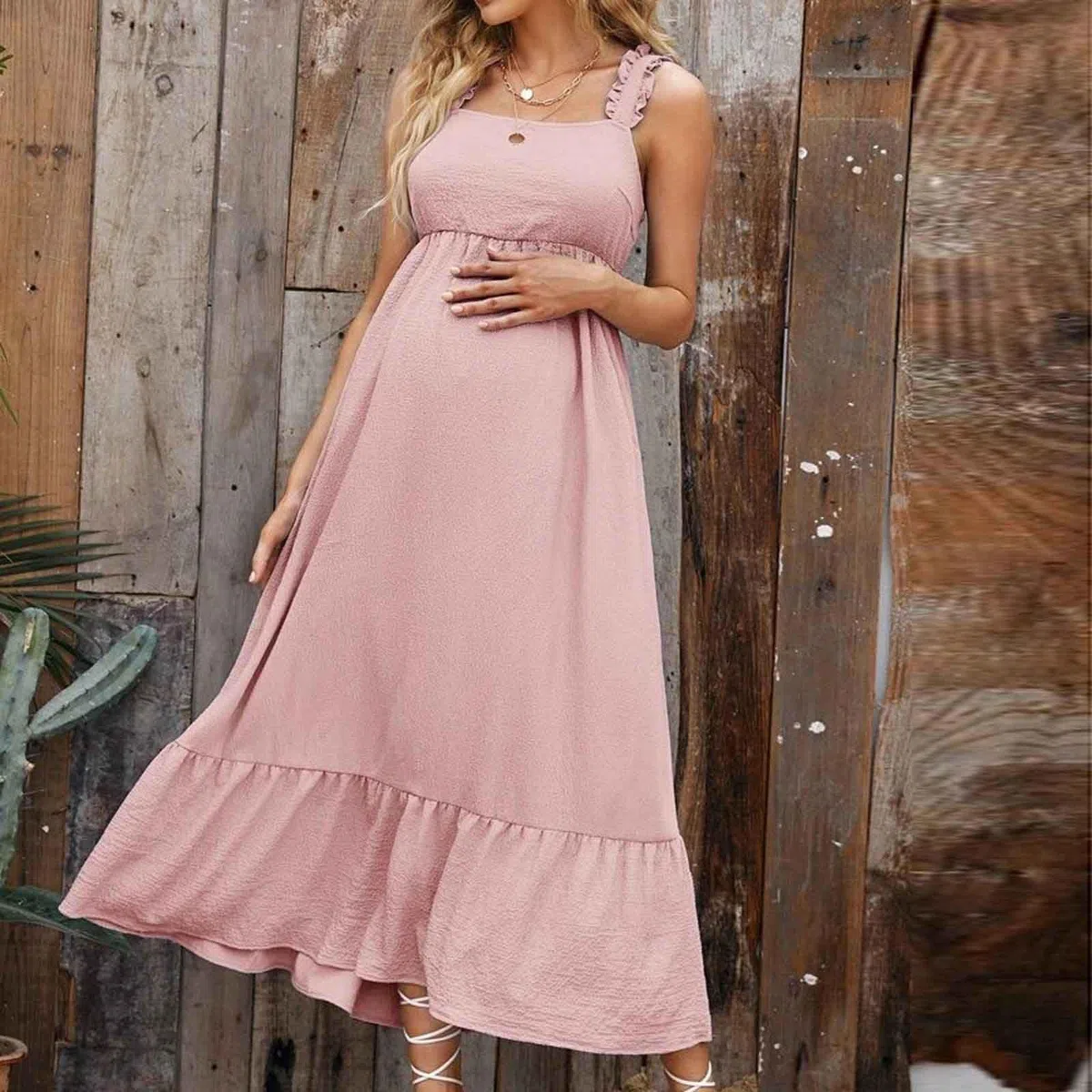 Vestido de Maternidad Mujeres sin Manga Casual Embarazadas Ropa Fruncida para Embarazadas Volante Color sólido Verano Vestido Largo premamá