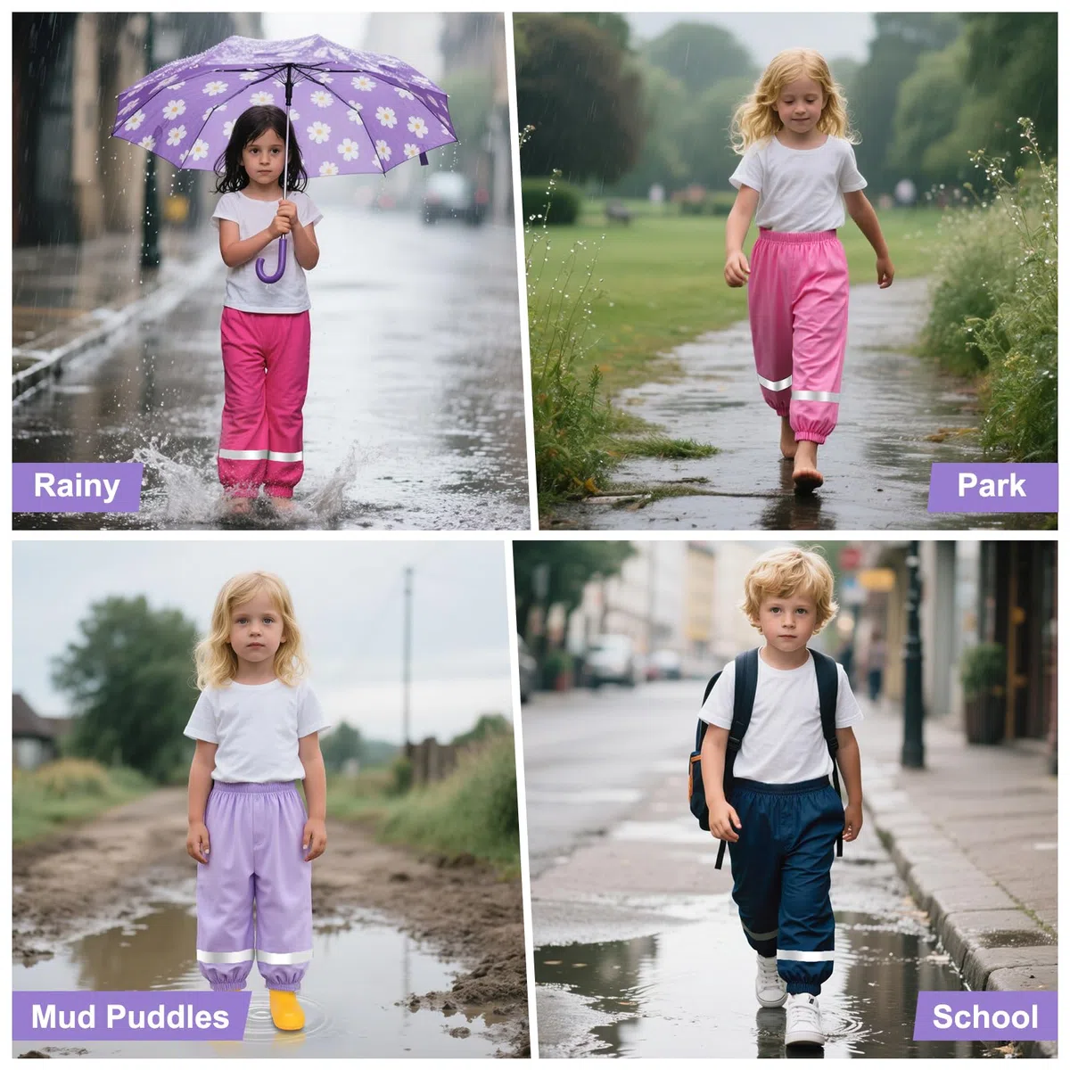 Pantalon Impermeable Niñas Niños Pantalones de Lluvia Ligeros Transpirables Pantalón Barro con Tiras Reflectantes sin Forro Peto de Lluvia Exterior Ciclismo Escuela para Infantil 1-10 años