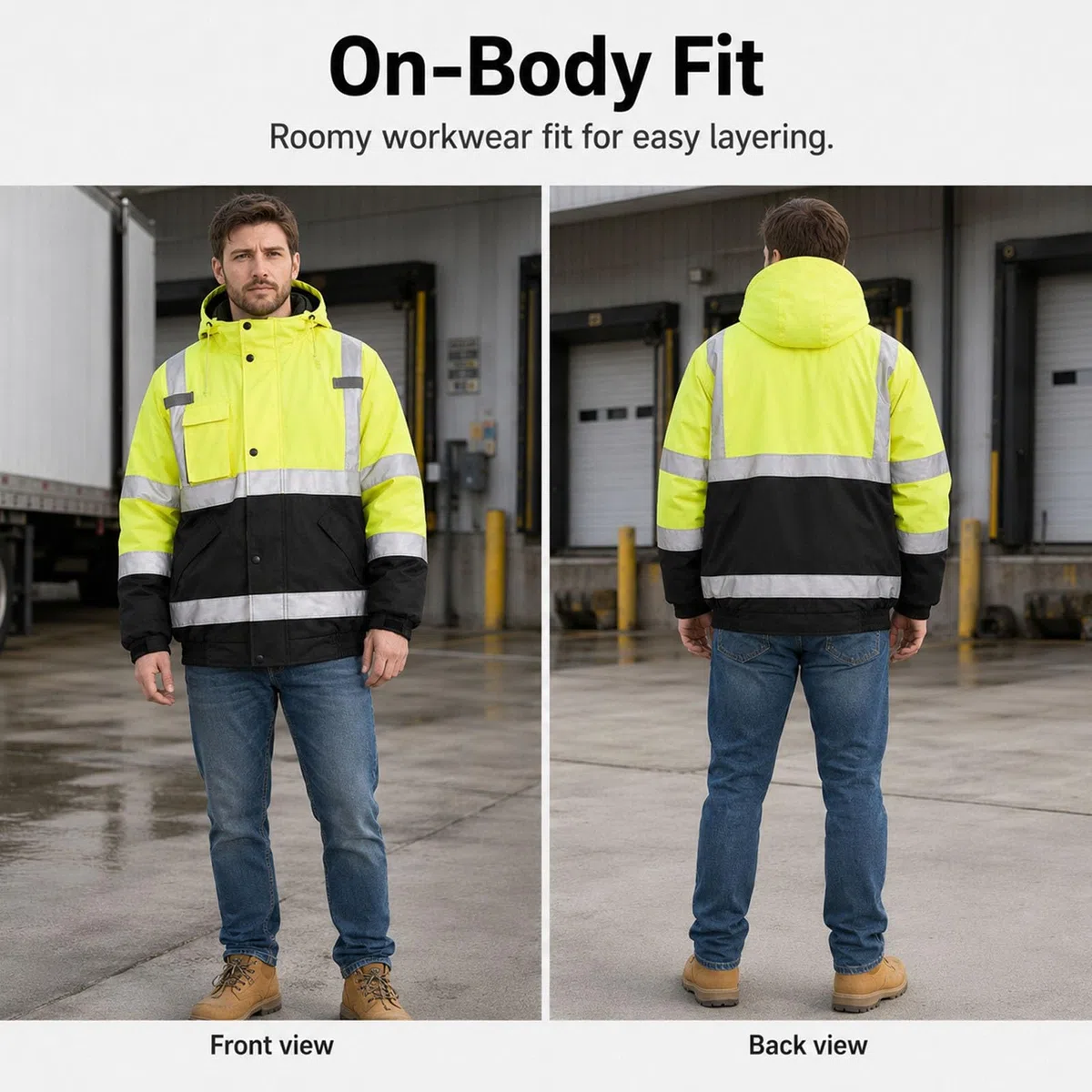 Chaqueta Alta Visibilidad Invierno Hombre, Chaqueta De Trabajo Reflectante | Forro Grueso De Algodón, Cuello Alto Cortavientos, Diseño Con Capucha, Cierre De Cremallera Suave(S)