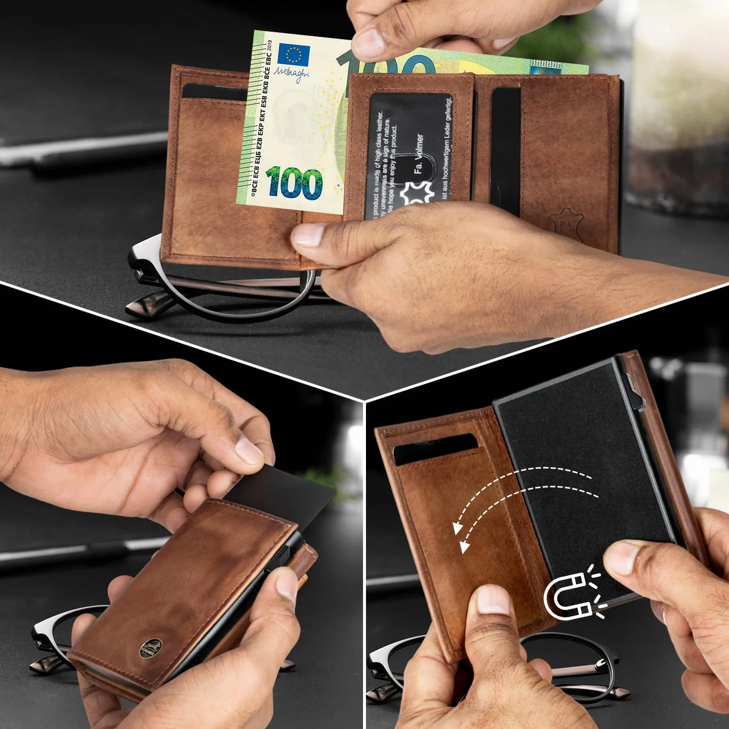 Fa.Volmer Pop-UP VO44P - Tarjetero con Compartimento para Monedas de Piel auténtica para Hombre y Mujer, 11 Tarjetas, protección RFID, Anteque Brown, 6 x 9,5 x 2,5cm, Contemporáneo