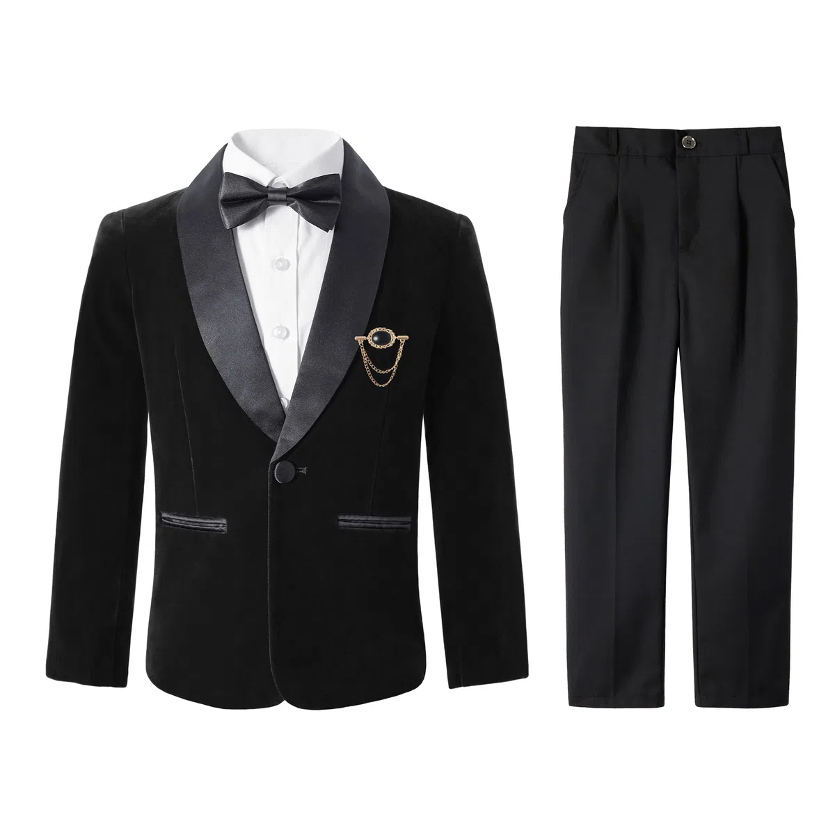 LOLANTA Traje de Esmoquin de Terciopelo para Niños, Traje Formal de Boda, Invierno, Juego Completo de 4 Piezas, Traje de Prom con Blazer, Pantalones, Camisa, Pajarita, Trajes de Esmoquin