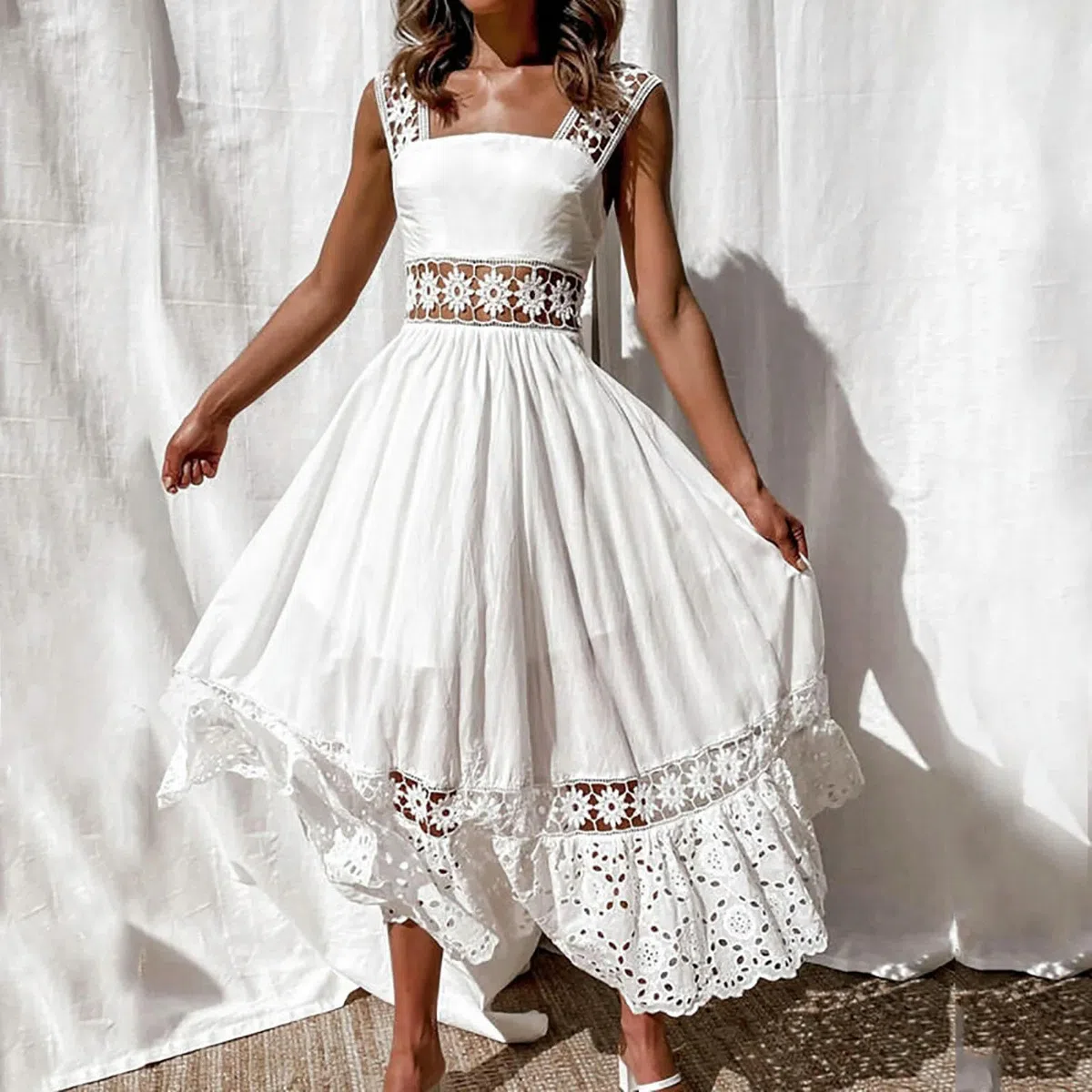 ARESU Vestidos Blancos Ahuecados De Ganchillo De Encaje Vestido Boho Informal De Vacaciones Sin Espalda para Mujer Vestido Maxi Suelto De Algodón para La Playa para Mujer-Blanco-S
