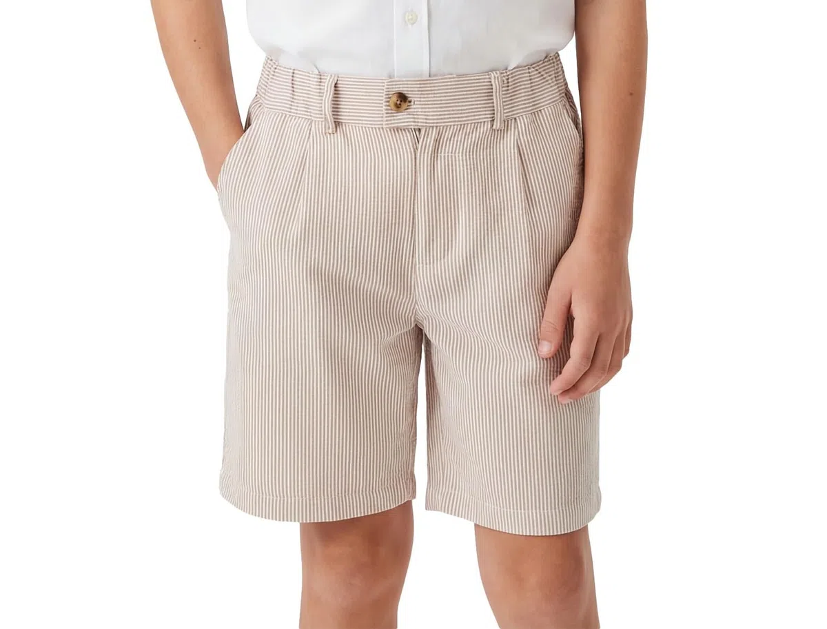 LOLANTA Pantalones Cortos de Seersucker Niños Shorts Elegantes y Ligeros de Mezcla de Algodón, Cintura Ajustable con Bolsillos para Playa, Bodas y Uso Diario