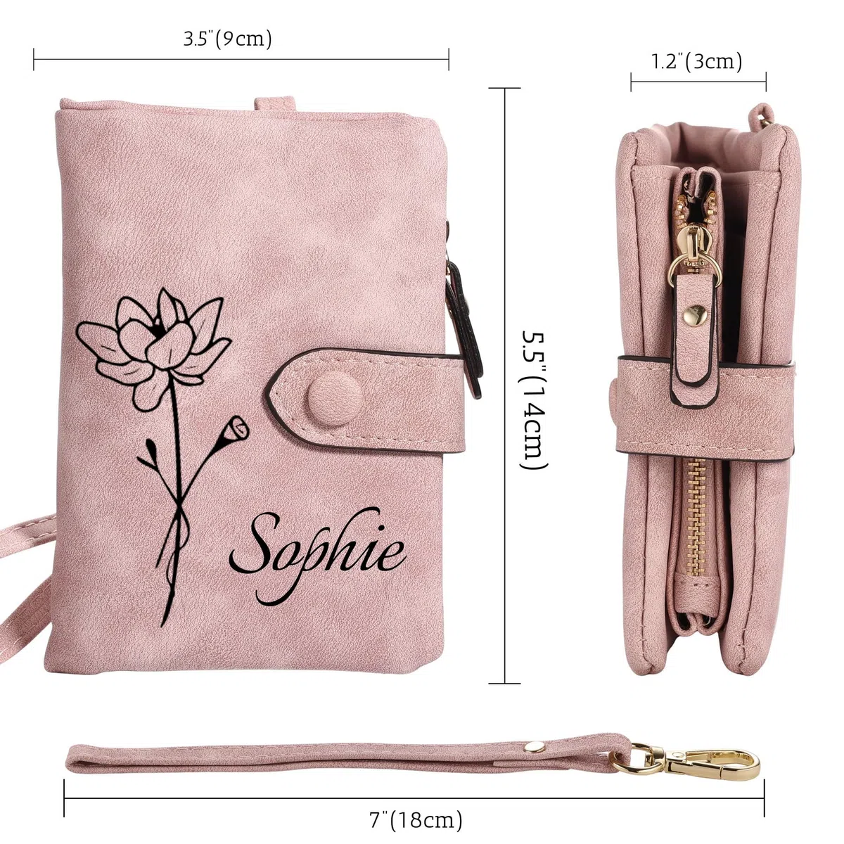 MeMeDIY Personalizado Cuero Carteras de Mujer con Monedero con Cremallera con Pulsera Cartera Pequeña Mujer con Nombre y Flor de Nacimiento Regalos para Novia Esposa Día de la Madre - Rosa