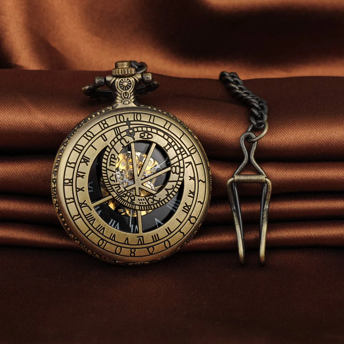 Infinito U-Reloj de Bolsillo Vintage para Hombre y Mujer Con 2 Cadena, 12 Constelación Brújula Mecánica Reloj de Bolsillo Rojo Bronce Llavero Steampunk Clásico Suéter Cadena Cadena de Cintura