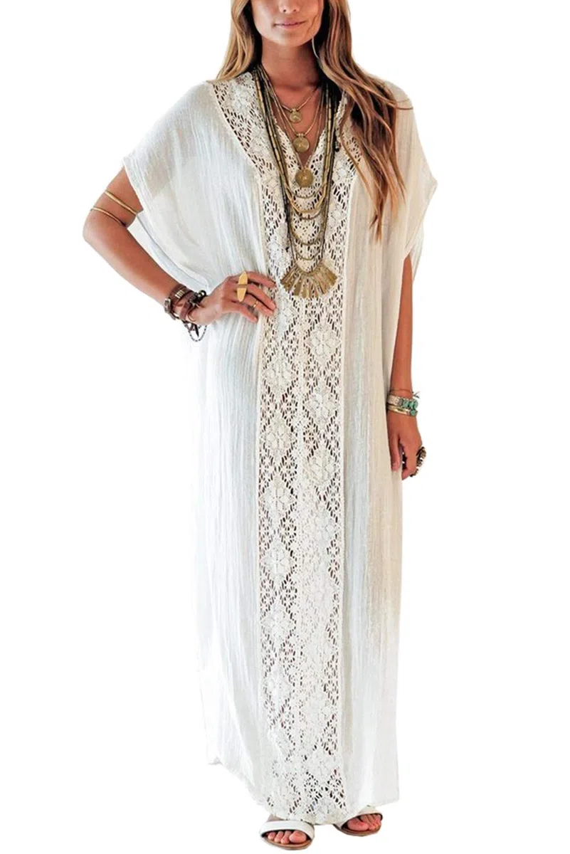 Algodón Hollow Up Floral Caftán Suelto Boho Beach Bikini Cover Up Vestido Tallas Grandes Loungewear para Mujeres