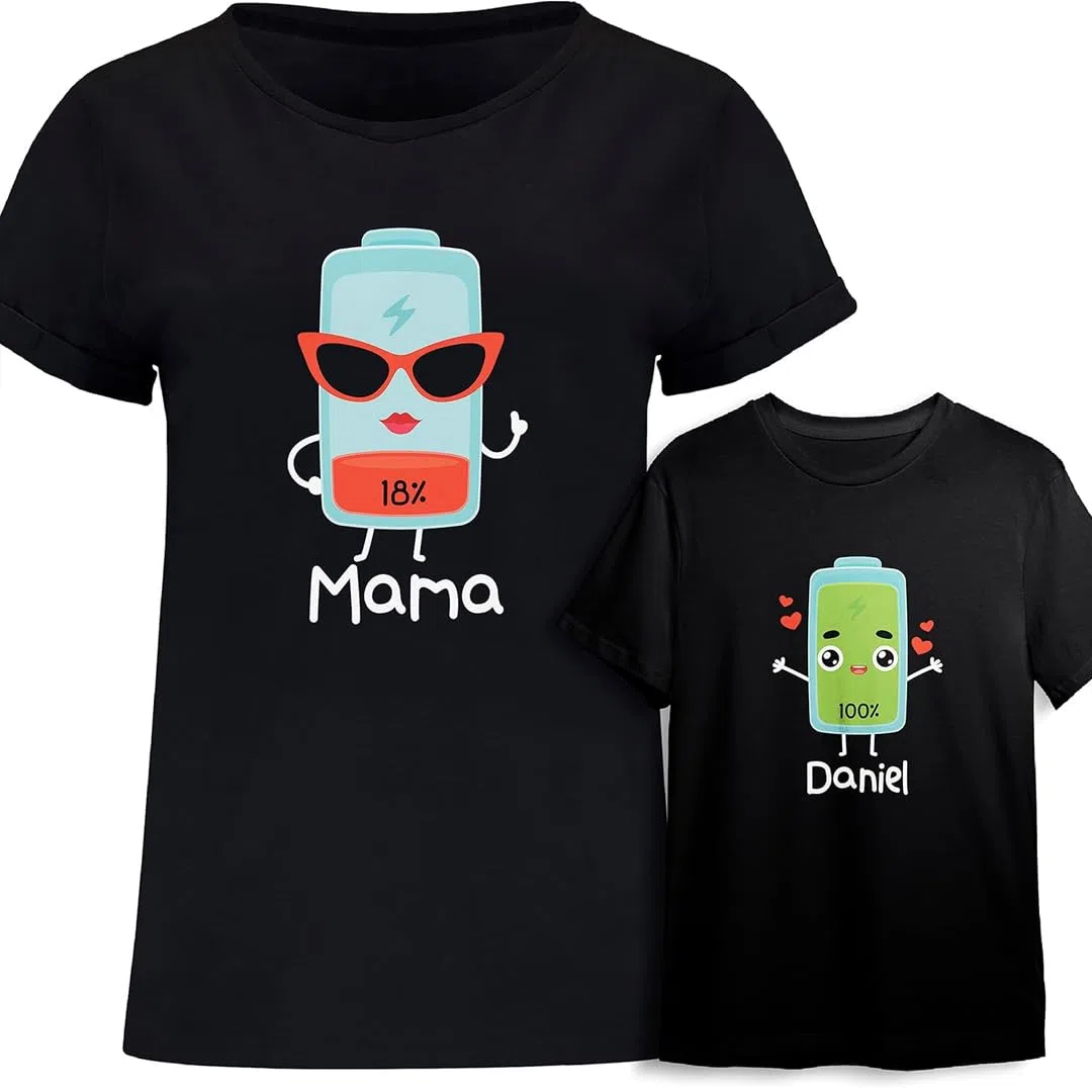 Evyre | Camisetas Personalizadas Regalo Día de la Madre | 100% Algodón | Camiseta Personalizada Mujer + Body Bebe o Camiseta Niña/Niño | Diseño Batería, Energía | Regalos para Mamá e Hijos Originales