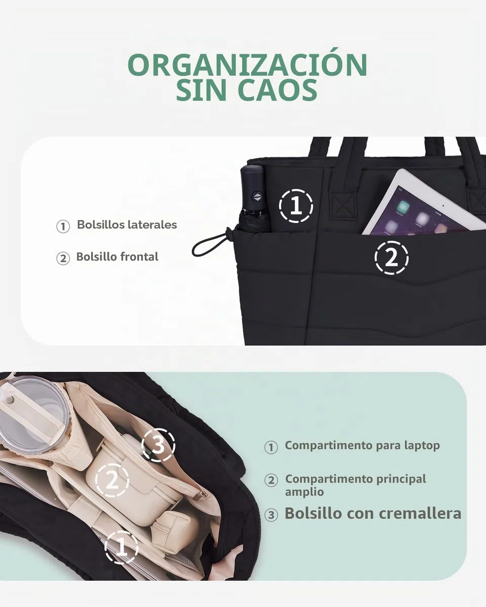 Bolso Tote Mujer Acolchado 2 Piezas, Bolso Shopper Grande con Compartimento para Ordenador 15.6" y Portabotellas Aislante 40oz, Ideal para Oficina, Universidad, Viaje y Uso Diario (Diseño Patentado)