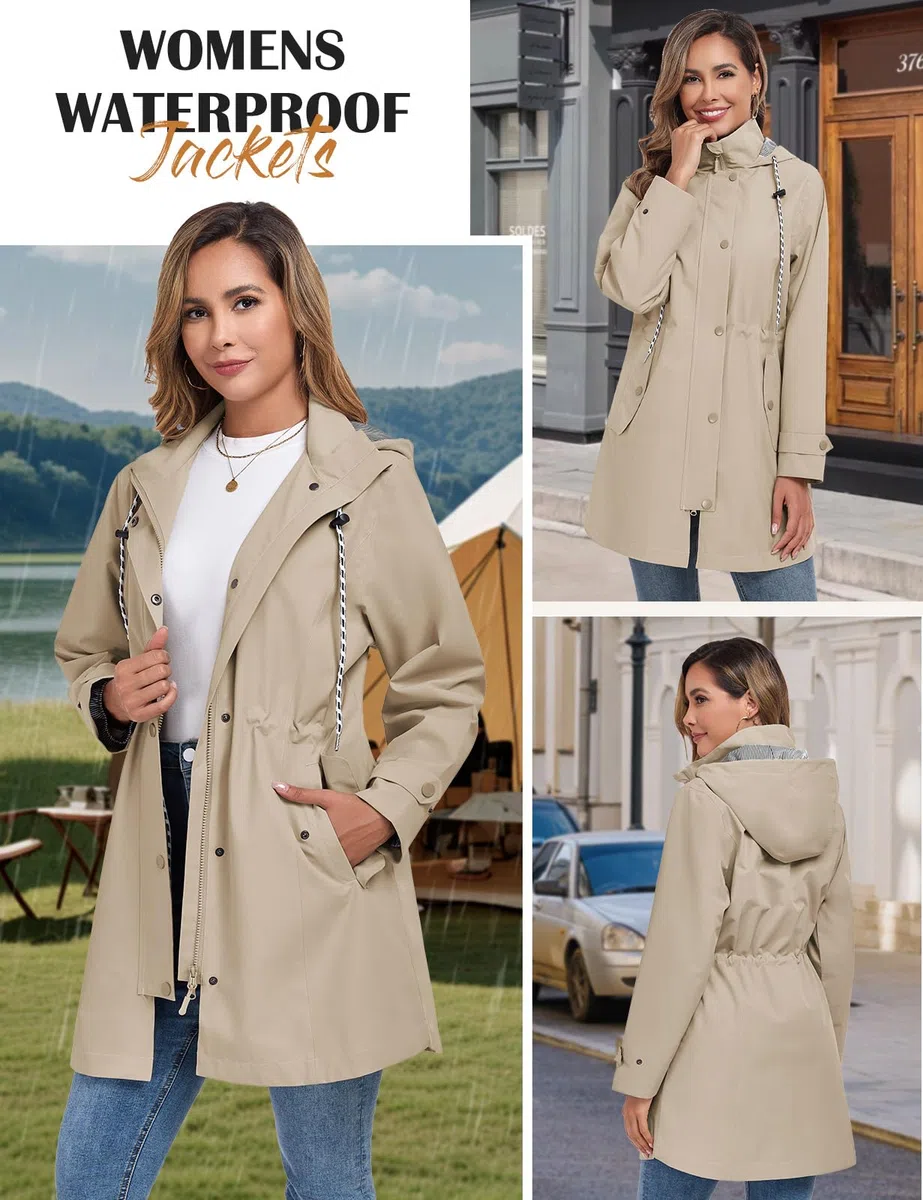 Chubasquero Mujer Impermeable Ligera Chaqueta lluvia Cortavientos con Capucha y Cremallera Abrigo Impermeables Primavera Otoño Gabardina para Exteriores