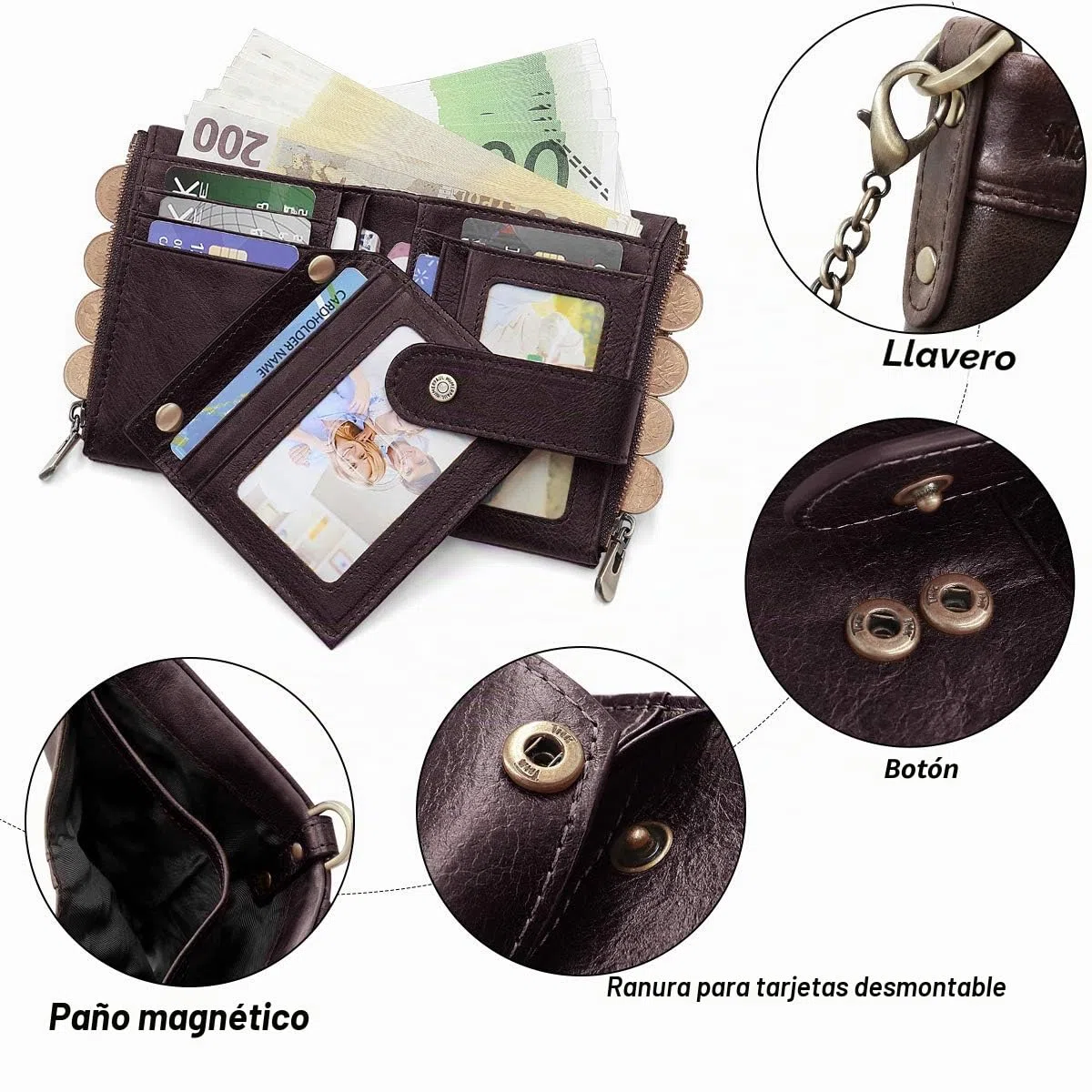 REETEE Carteras para Hombre Billetera de Piel con RFID Bloqueo Billeteras Hombre y Monedero con Cremallera, Monedero Hombre Pequeño19 Ranuras para Tarjetas y Cartera Hombre con Cadena