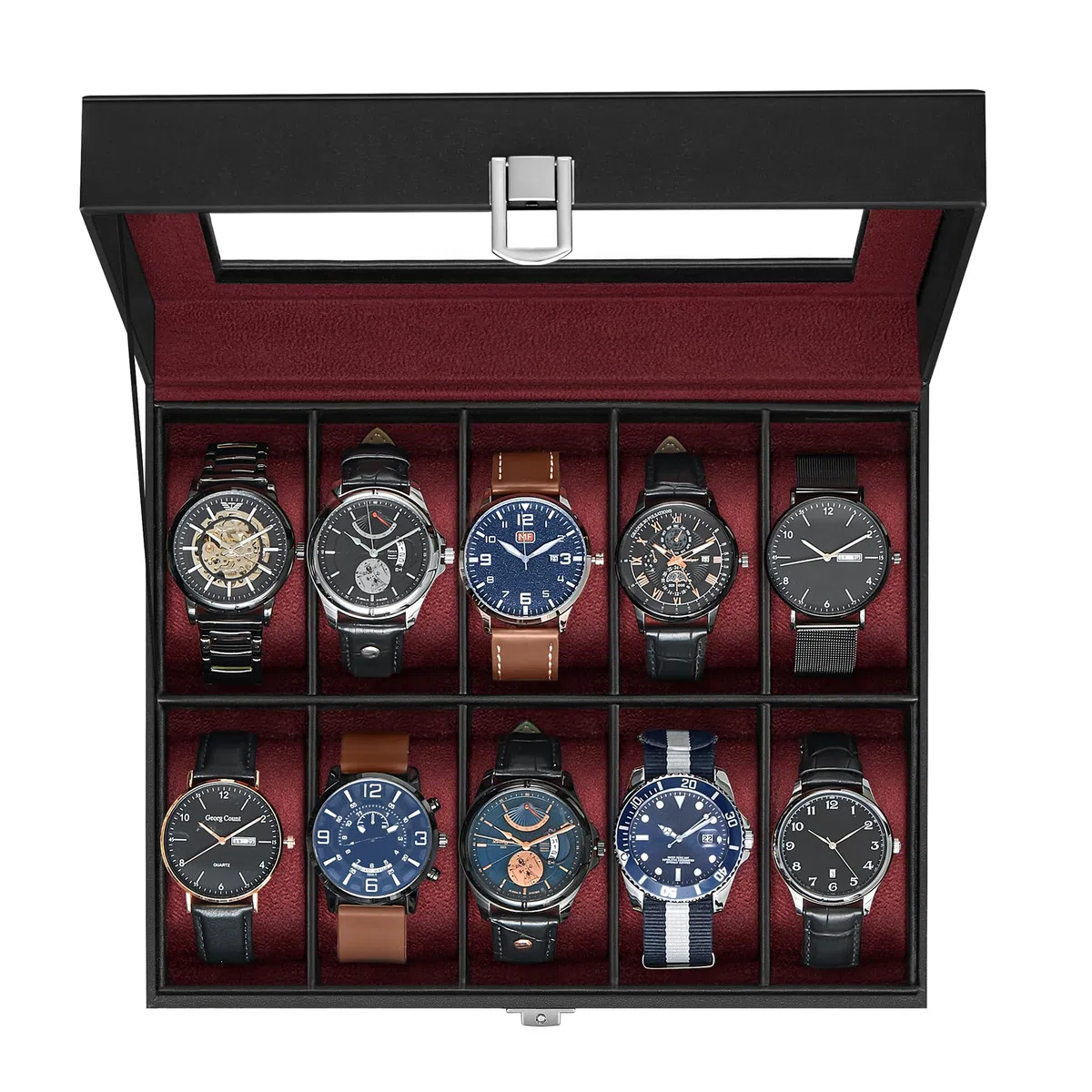 SONGMICS Caja de reloj, caja de reloj de 10 ranuras con tapa de cristal grande, almohadas de reloj extraíbles, organizador de caja de reloj, regalo para seres queridos, cuero sintético negro, forro