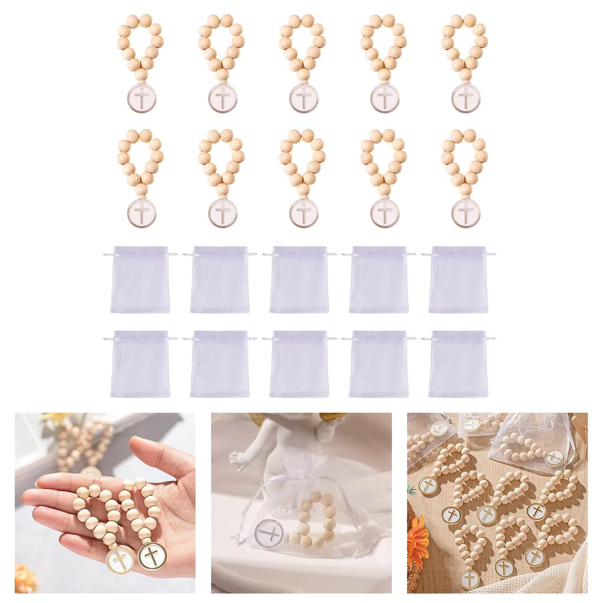 Rosario de cuentas de madera con crucifijo, rosario de primera comunión, con bolsas de organza, regalo de bautizo, unisex