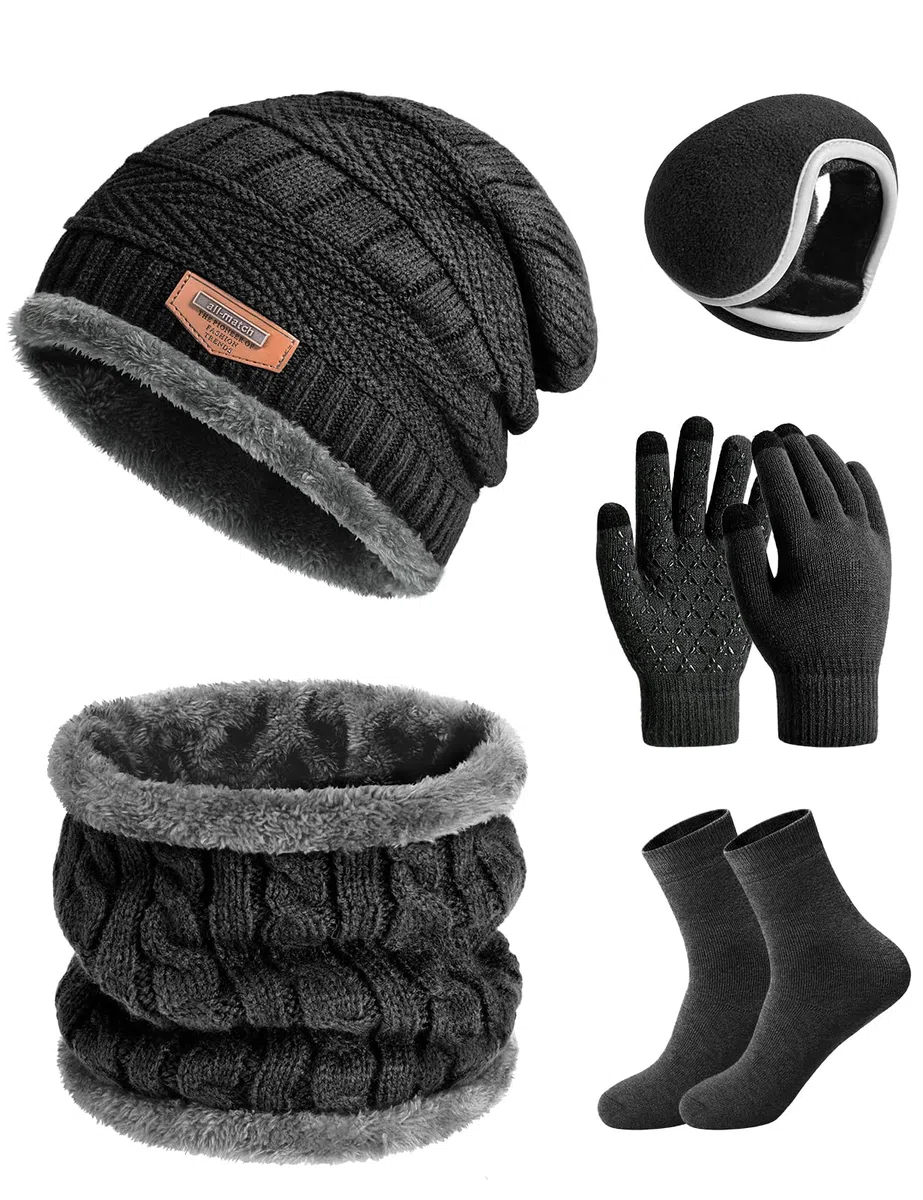 heekpek Set de Bufanda Gorro Guantes Orejeras y Calcetines Hombre de Punto Invierno Suave Térmico Conjunto de 5 Piezas para Hombre