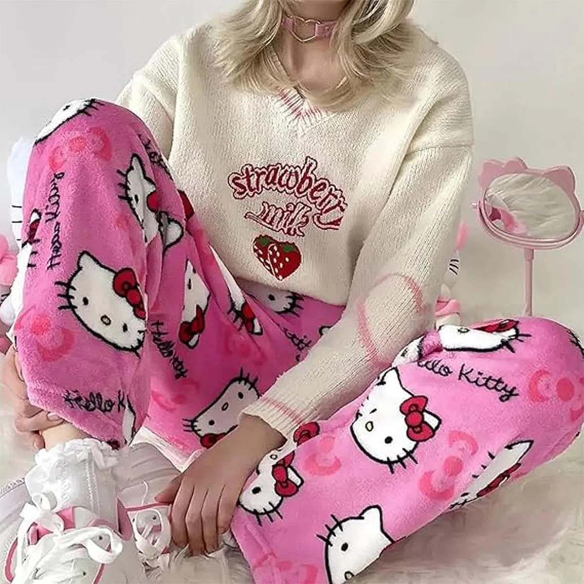 Pantalones de pijama para mujer, pantalones largos de pijama de anime, pantalones largos de franela, dibujos animados kawaii, mullidos y cálidos, pantalones de salón Y2K para mujer, otoño e invierno