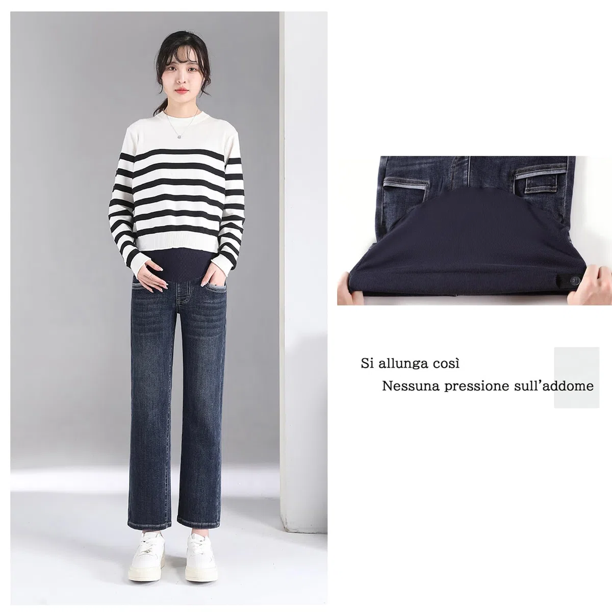 Vaqueros de maternidad de pierna recta con cinturón ajustable - Pantalones 3/4 estilizados y prácticos, ideales para mujeres de estatura pequeña (Talla corta)