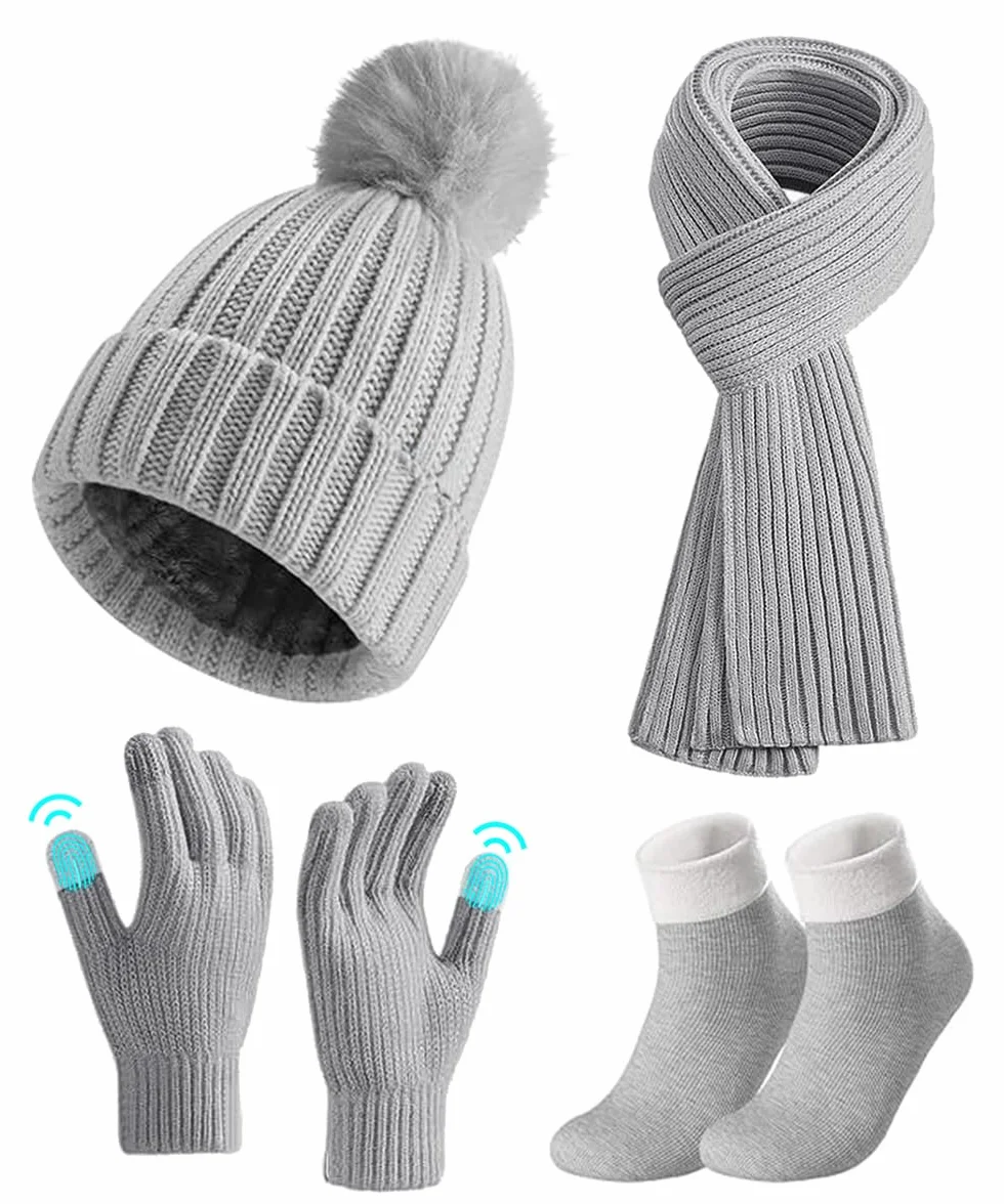 Gorro Bufanda De Punto Guantes Invierno Set, 4pcs Conjunto Esqui Mujer con Guantes Pantalla Táctil y Calcetines Térmicos, Conjunto Gorro Calavera para Mujer Deportes Aire Libre
