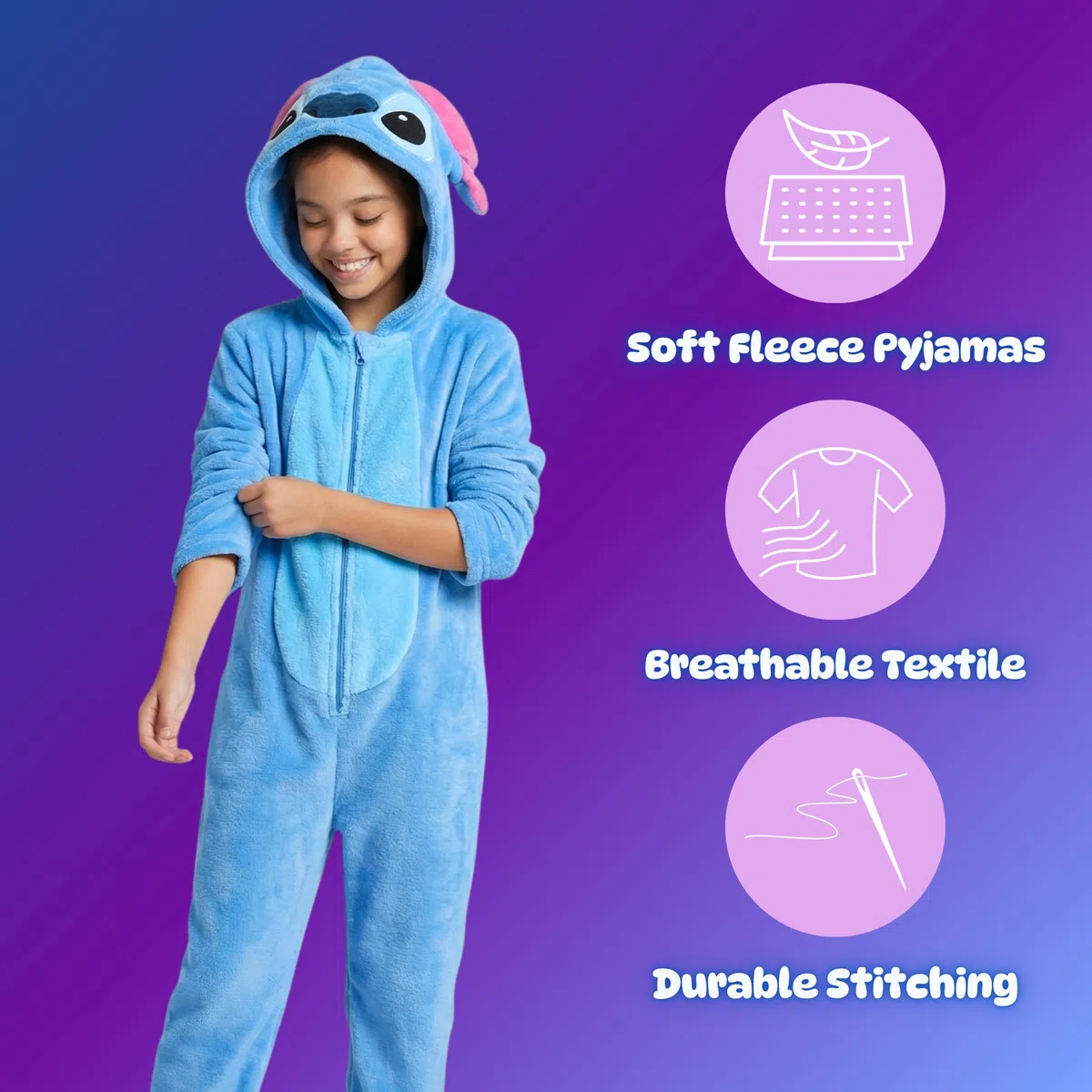 Disney Stitch Pijamas para Niñas, Pijama de Una Pieza Capucha en 3D Diseño Polar Suave, Regalo para Niñas y Adolescentes, Tallas 6 a 12 Años