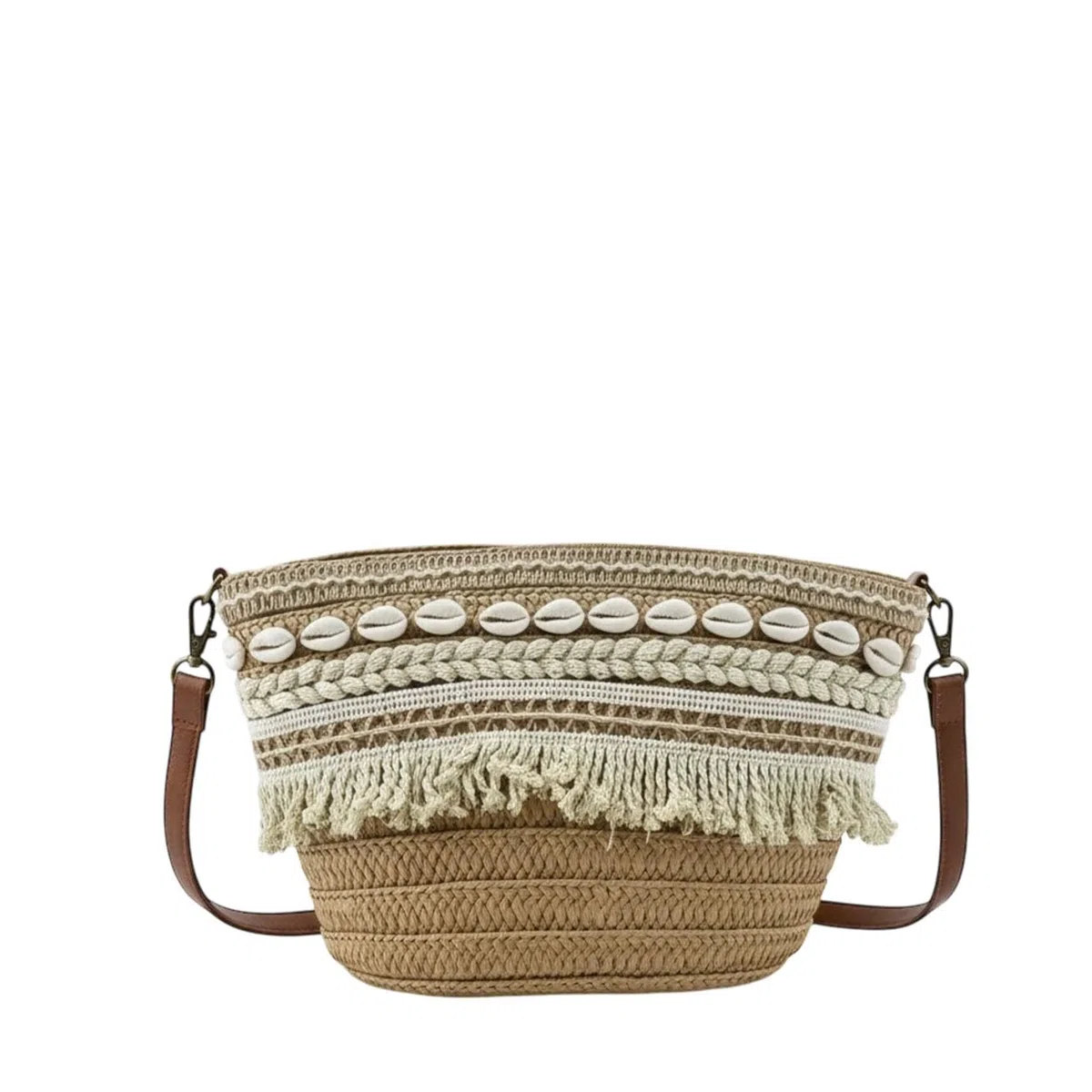 MODELISA - Bolso Bandolera Capazo Rafia Paja Con Conchas Y Flecos Estilo Bohemio Mujer