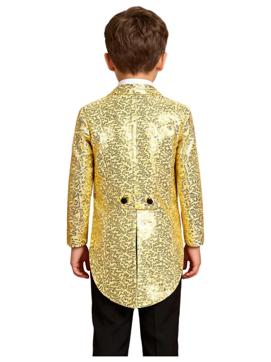 Alvivi Chaqueta de Disfraz Lentejuelas de Fiesta para Niños Chaqueta de Esmoquin Formal con Cola Blazer Vestir Disfraz de Magia Carnaval Navidad 5-14 Años Dorado 7-8 años
