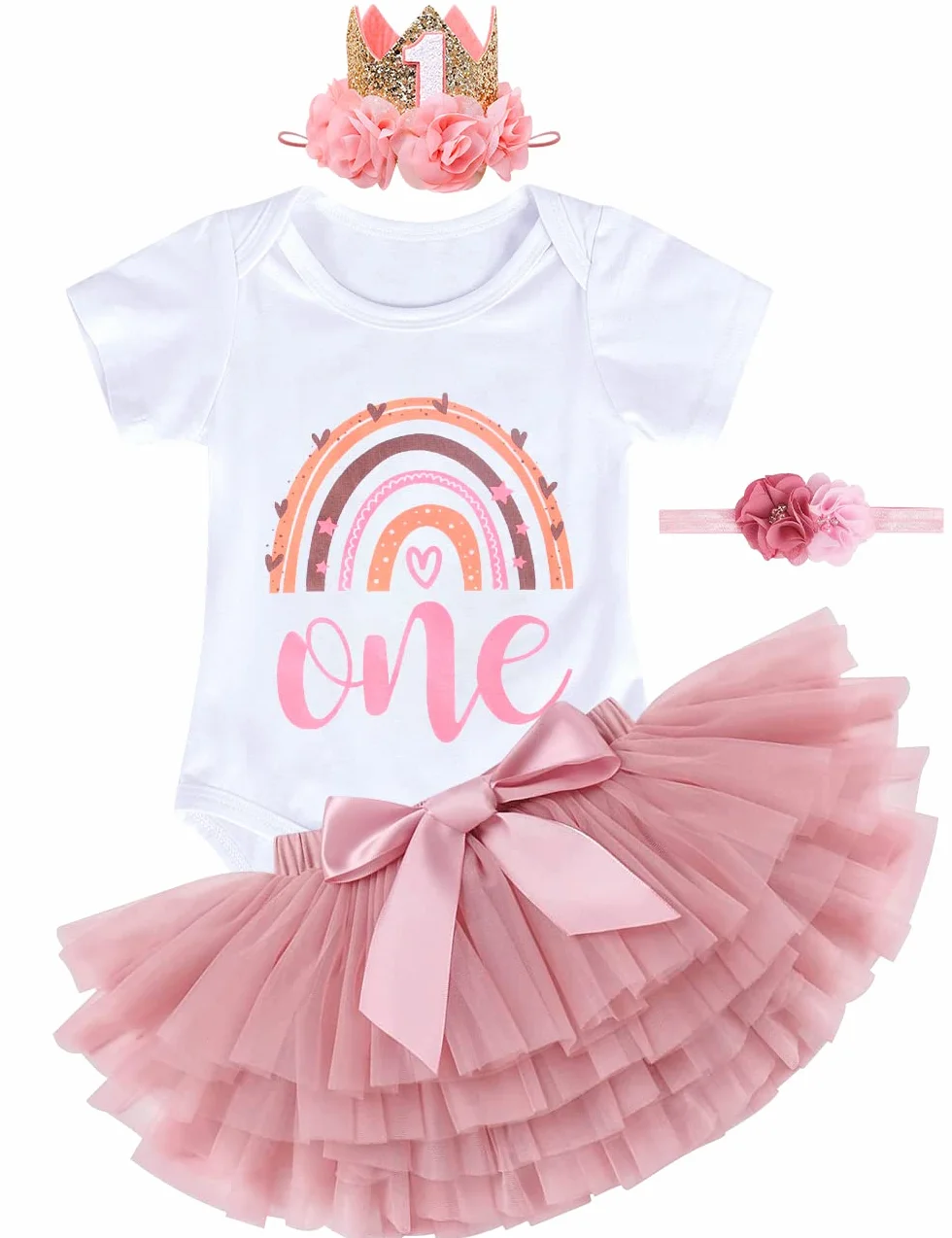 Conjunto Cumpleaños 1 Año Niña, Traje Primer Cumpleaños Bebés, 4 Piezas Set de Ropa Mameluco, Falda de Tutú Rosa, 2 Piezas Bebé Diadema, Bebé Niña Conjunto per la Fiesta, Fotografía