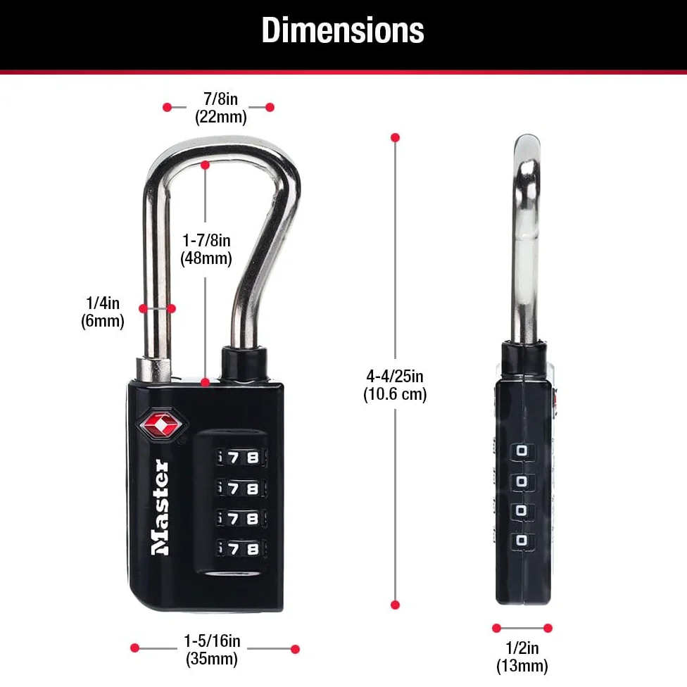 Master Lock 4696EC4 Candado, combina tu propia combinación, candado TSA para equipaje, de 3,3 cm de ancho, negro, paquete de 4
