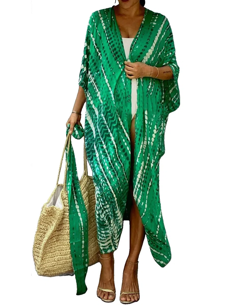 Mujer Kaftan Vestido de Playa Tie Dye Algodón Cárdigan Maxi Kimono Pareos y Camisola Camisas Playa Bohemia Boho Suelto Verano Traje de Baño Bikini Cover Up Talla Grande Elegante