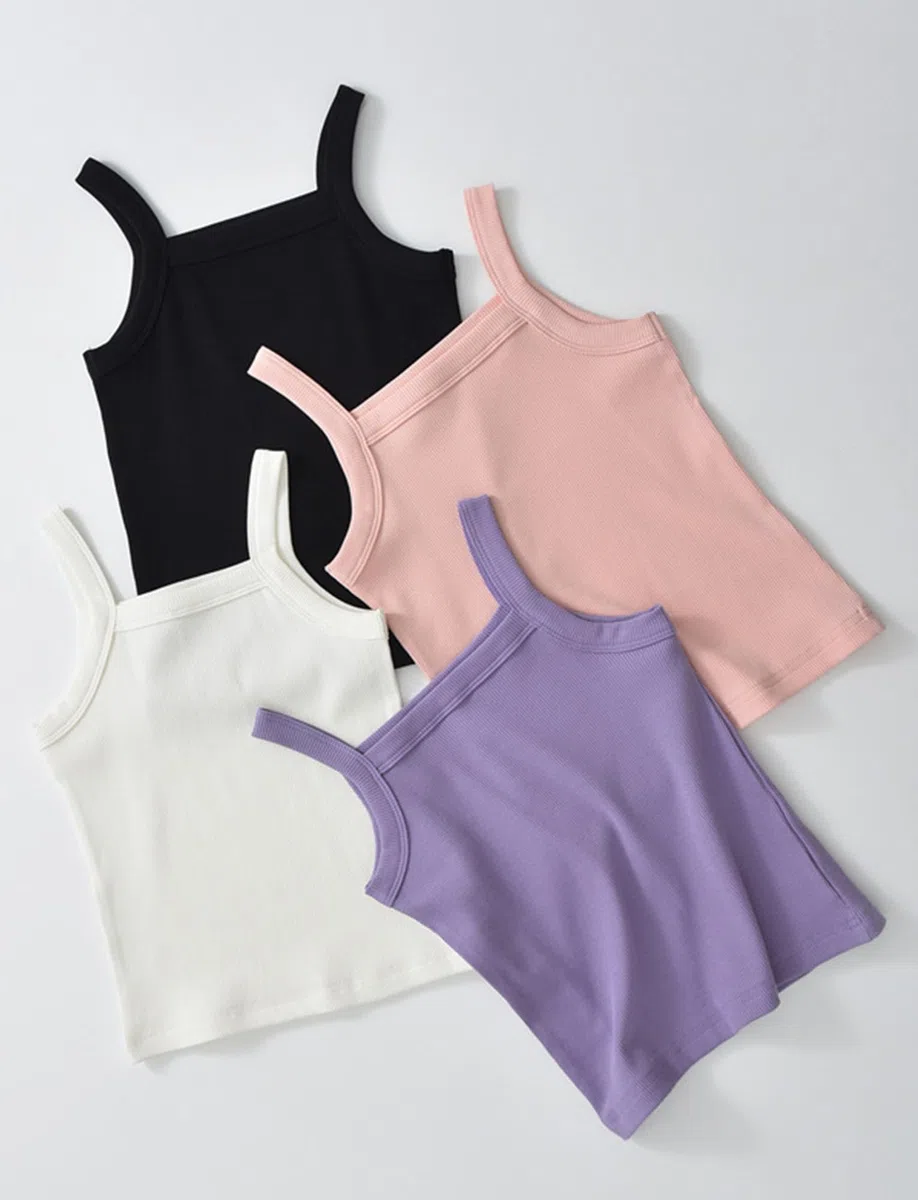SEAUR Camiseta de tirantes para niña, tirantes delgados, camiseta interior de verano, monocolor, sin mangas, parte superior acanalada, 2 unidades, 3-14 años, 110-160 cm