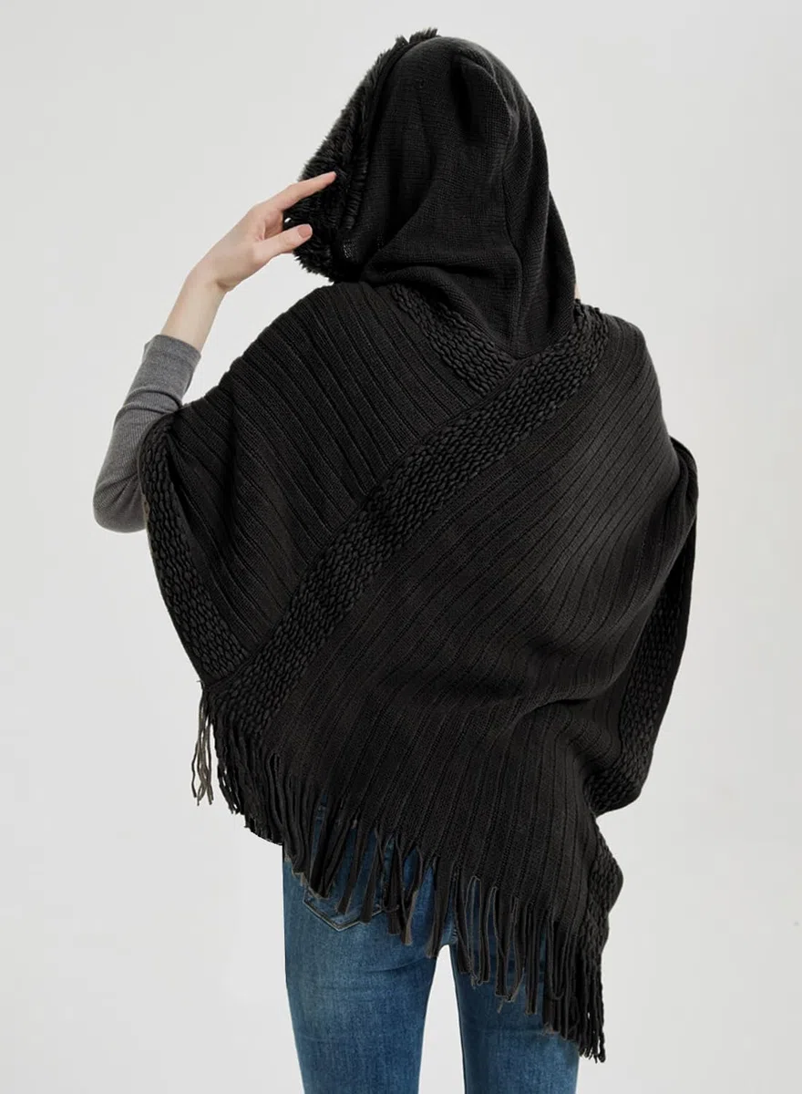 JFAN Poncho Mujer Invierno Otoño Poncho y Capa Punto para Mujer Pompón Gorro Poncho de Punto Flecos Felpa con Capucha