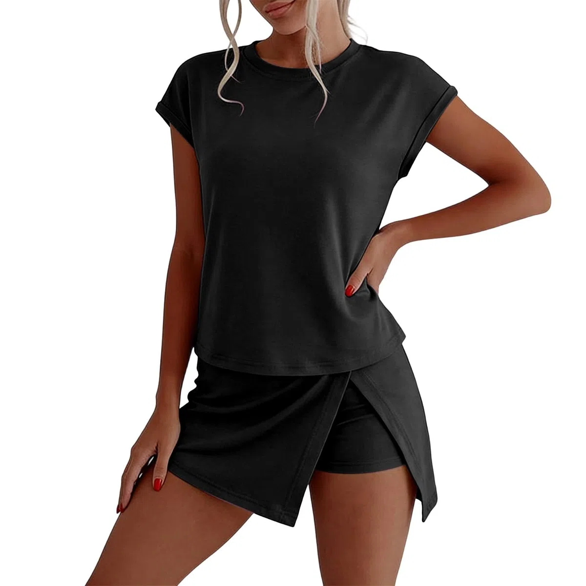 Generisch 2026 Conjunto de pantalones cortos de 2 piezas para mujer, traje casual de verano: top sin mangas de dos piezas con pantalones cortos de abertura alta - ropa deportiva de moda