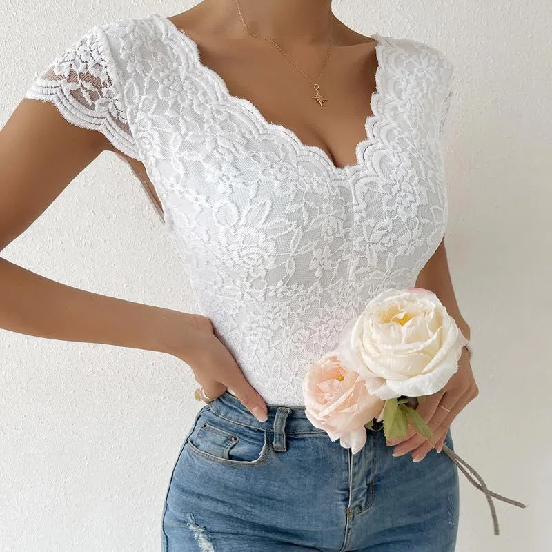 Haibang Body de Encaje para Mujer Cuello v Bodysuit Top Manga Corta Floral Encaje Body Espalda Descubierta Bodycon Bodies Transparente Elegante Una Pieza Jumpsuit Verano Camiseta para Club Fiesta Out
